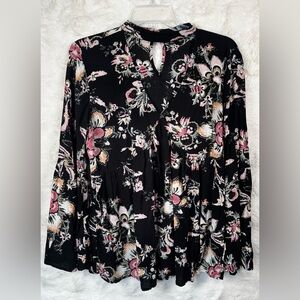 a.n.a Black Floral V-Neck Blouse with Pink and Cream Flowers